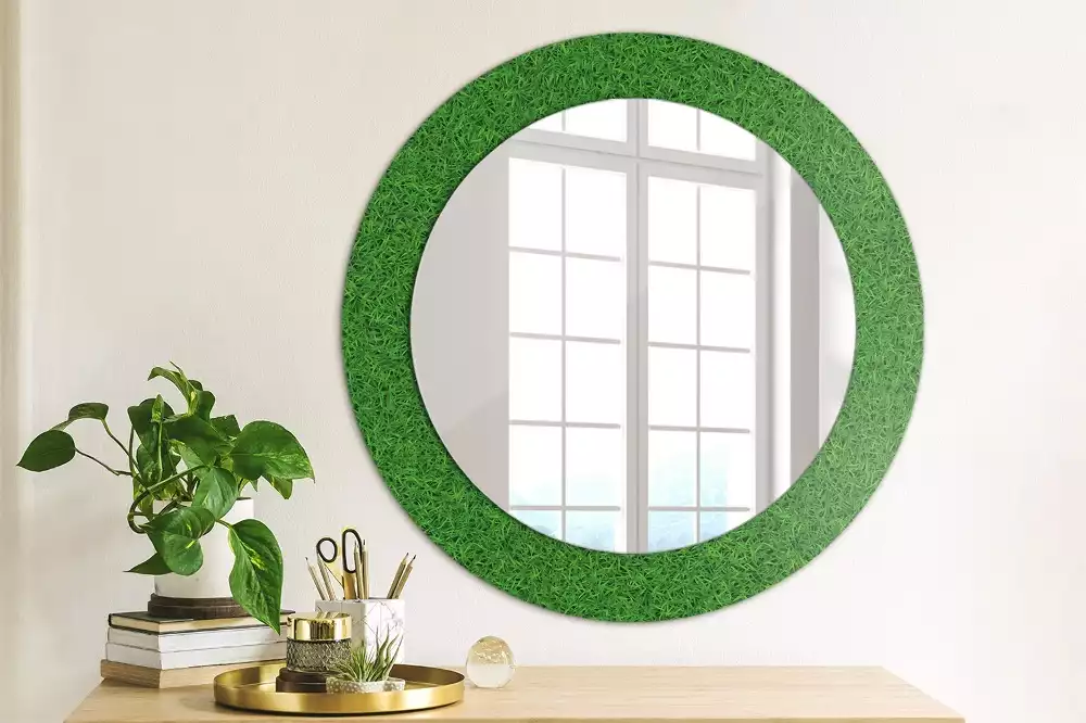 Miroir rond cadre avec impression Herbe verte