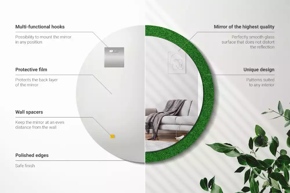 Miroir rond cadre avec impression Herbe verte