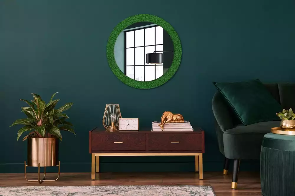 Miroir rond cadre avec impression Herbe verte