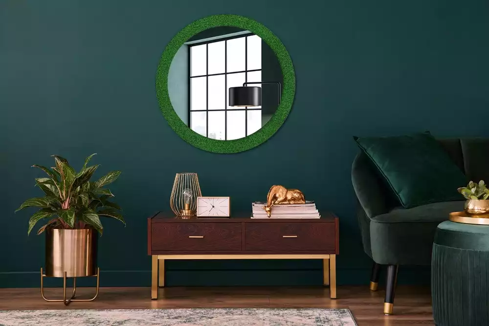 Miroir rond cadre avec impression Herbe verte