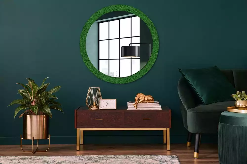 Miroir rond cadre avec impression Herbe verte
