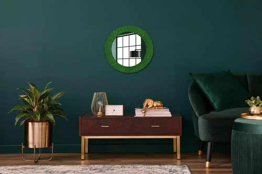 Miroir rond cadre avec impression Herbe verte