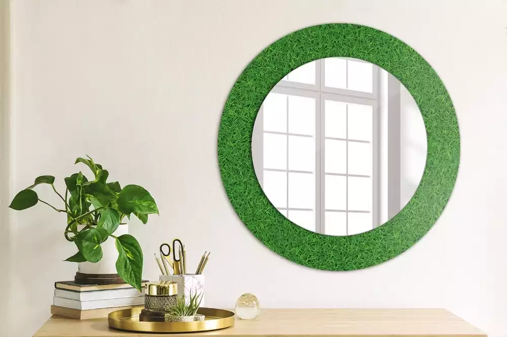 Miroir rond cadre avec impression Herbe verte