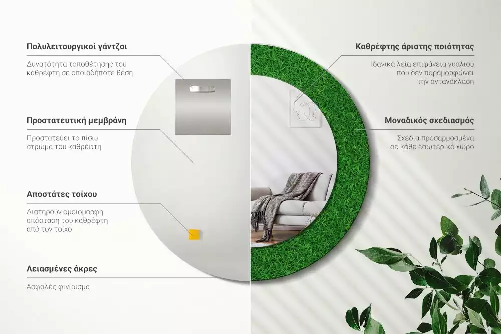 Miroir rond cadre avec impression Herbe verte