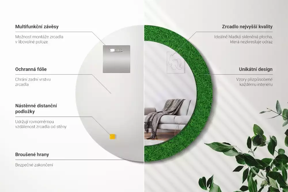 Miroir rond cadre avec impression Herbe verte