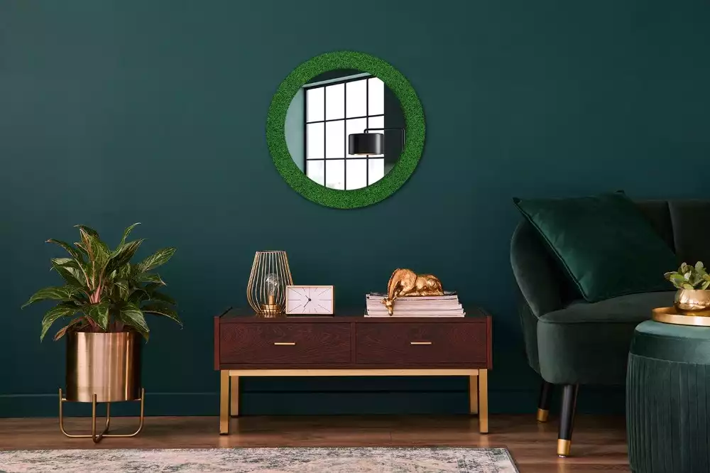 Miroir rond cadre avec impression Herbe verte