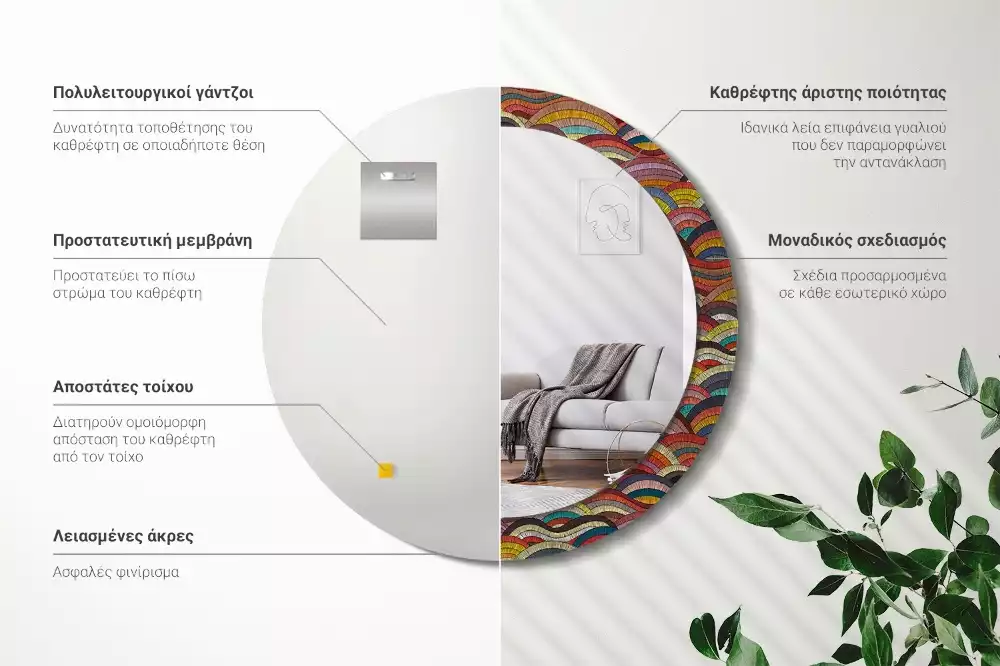 Miroir rond cadre avec impression Ornement