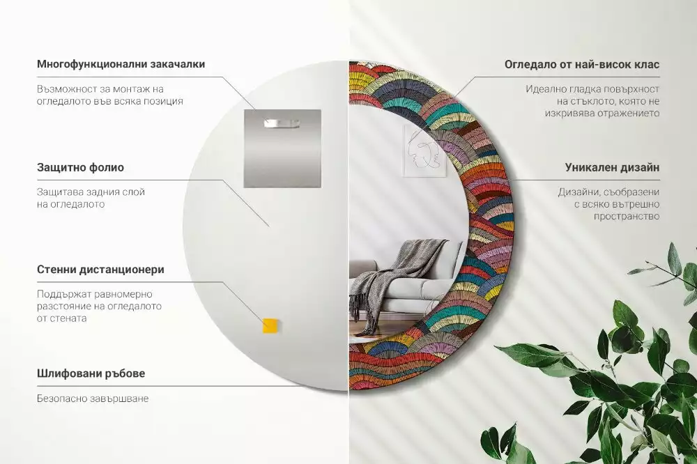 Miroir rond cadre avec impression Ornement