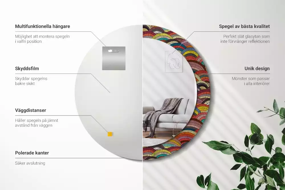 Miroir rond cadre avec impression Ornement