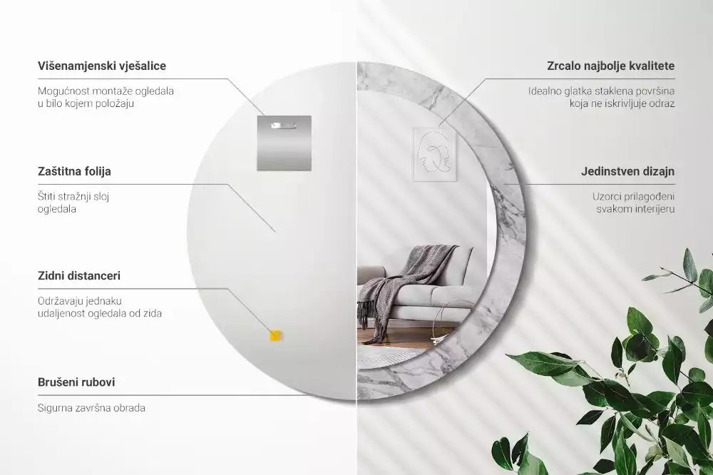 Miroir rond avec décoration Marbre blanc