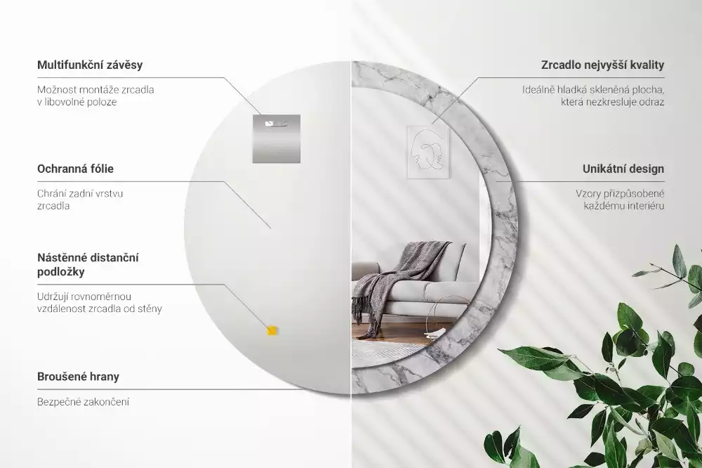 Miroir rond avec décoration Marbre blanc