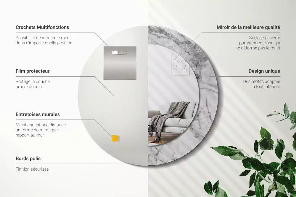 Miroir rond avec décoration Marbre blanc