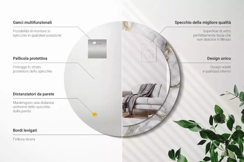 Miroir rond cadre avec impression Motif marbré
