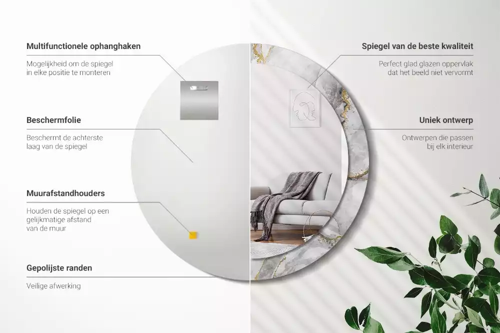 Miroir rond cadre avec impression Motif marbré