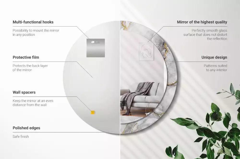Miroir rond cadre avec impression Motif marbré