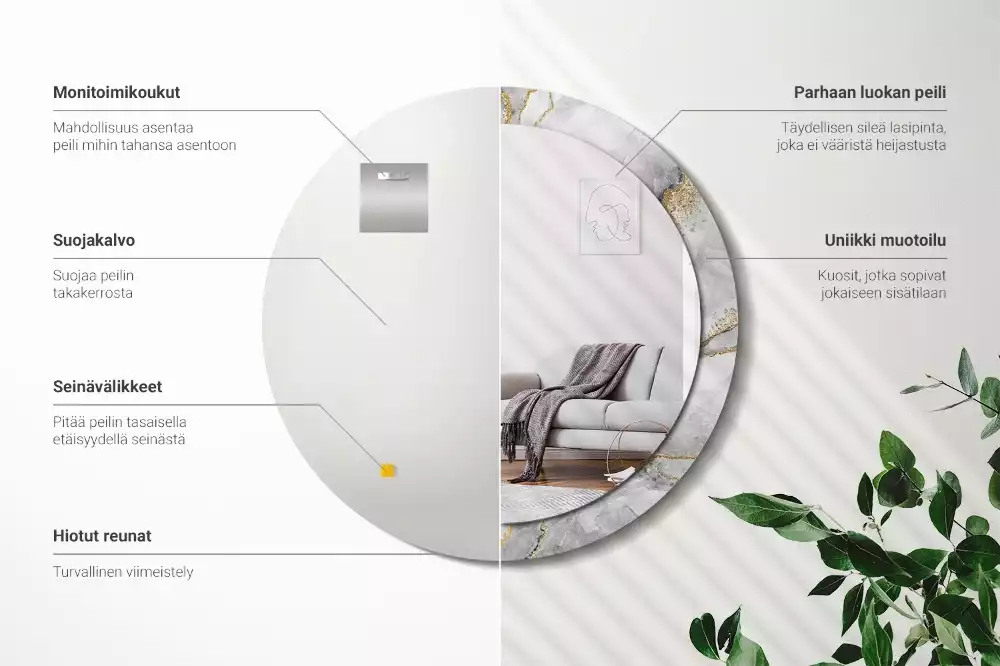 Miroir rond cadre avec impression Motif marbré