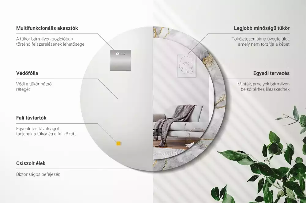 Miroir rond cadre avec impression Motif marbré