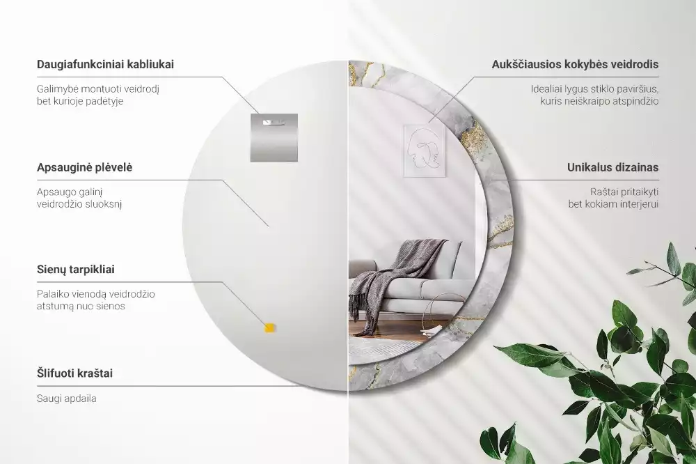 Miroir rond cadre avec impression Motif marbré