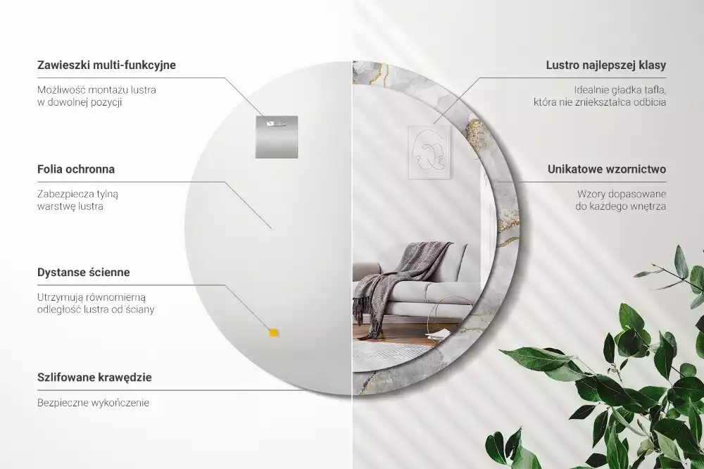 Miroir rond cadre avec impression Motif marbré