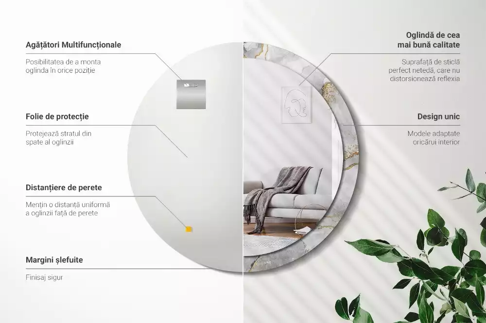 Miroir rond cadre avec impression Motif marbré