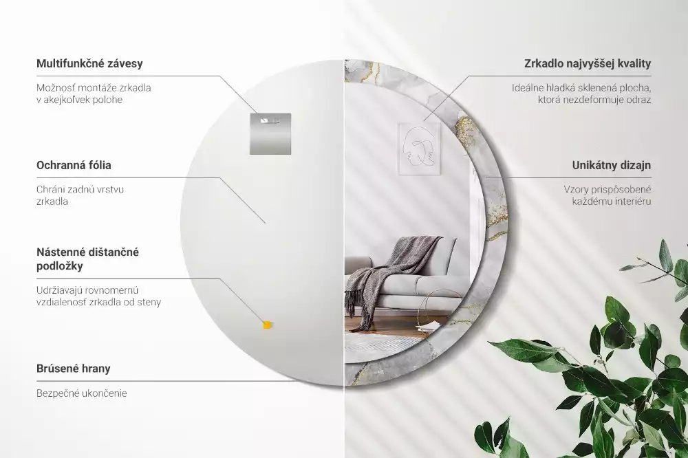 Miroir rond cadre avec impression Motif marbré