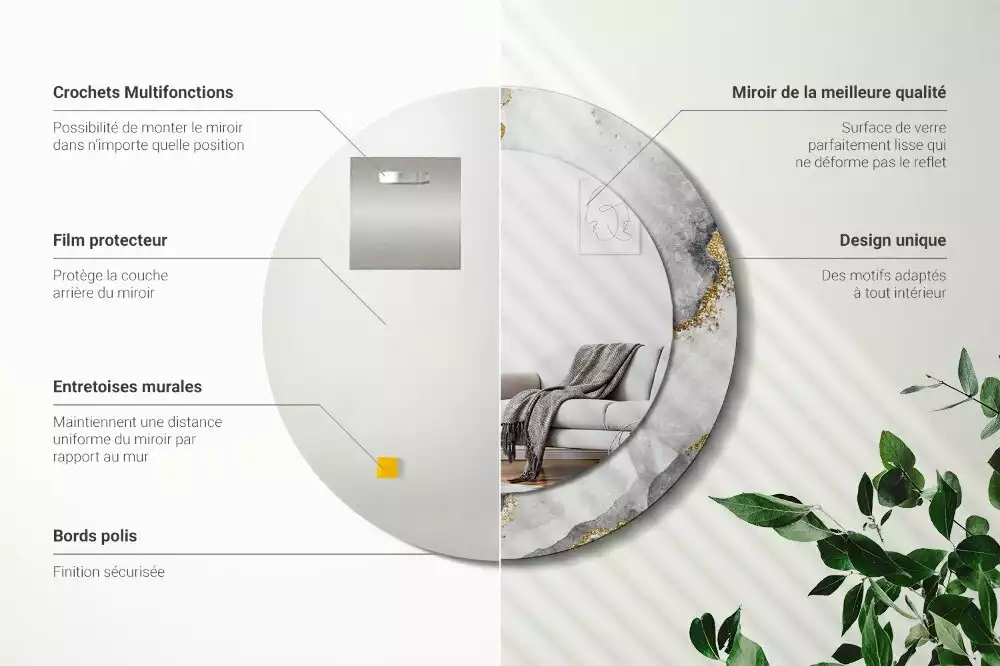 Miroir rond cadre avec impression Motif marbré