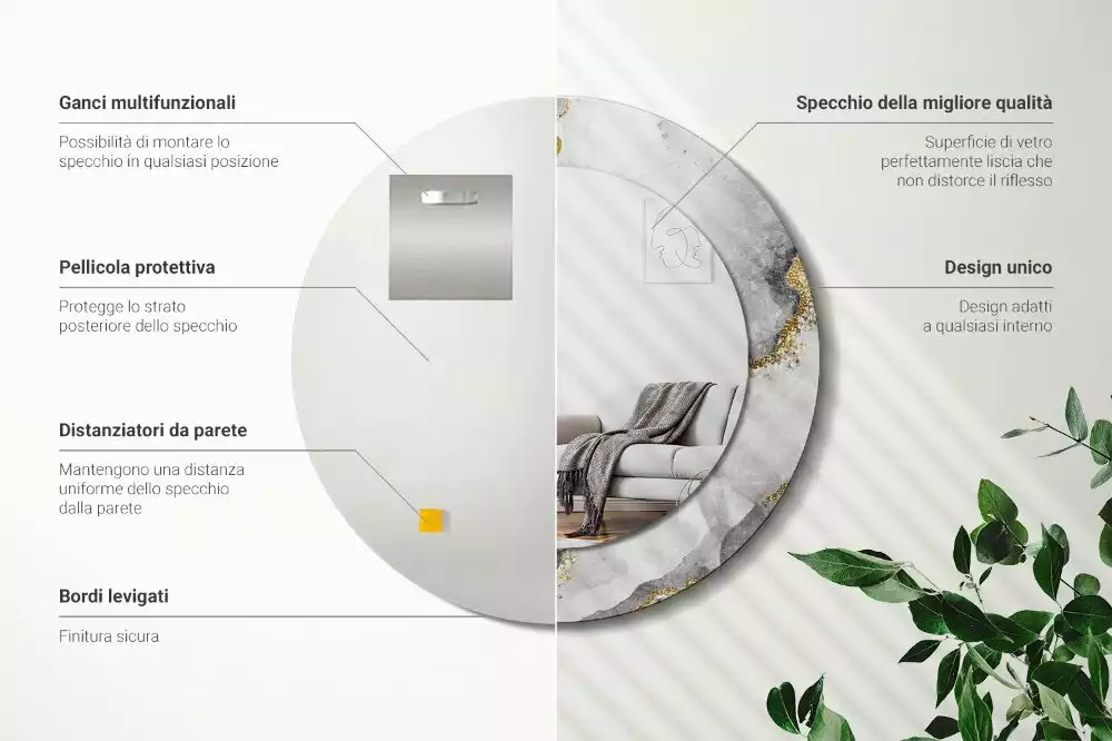 Miroir rond cadre avec impression Motif marbré