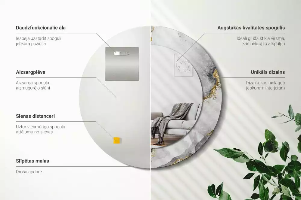 Miroir rond cadre avec impression Motif marbré