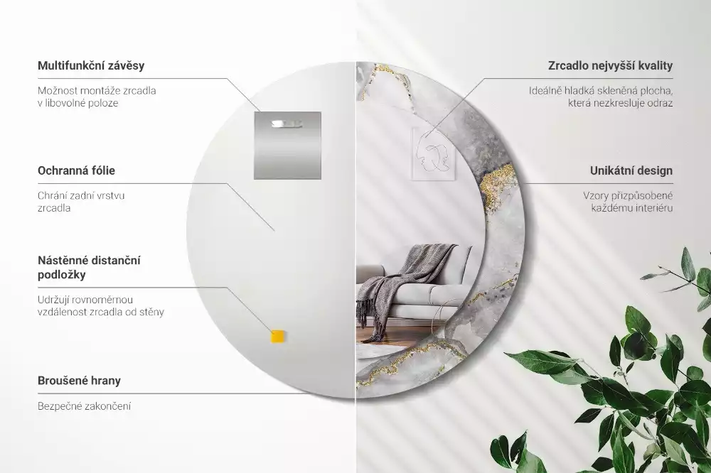 Miroir rond cadre avec impression Motif marbré