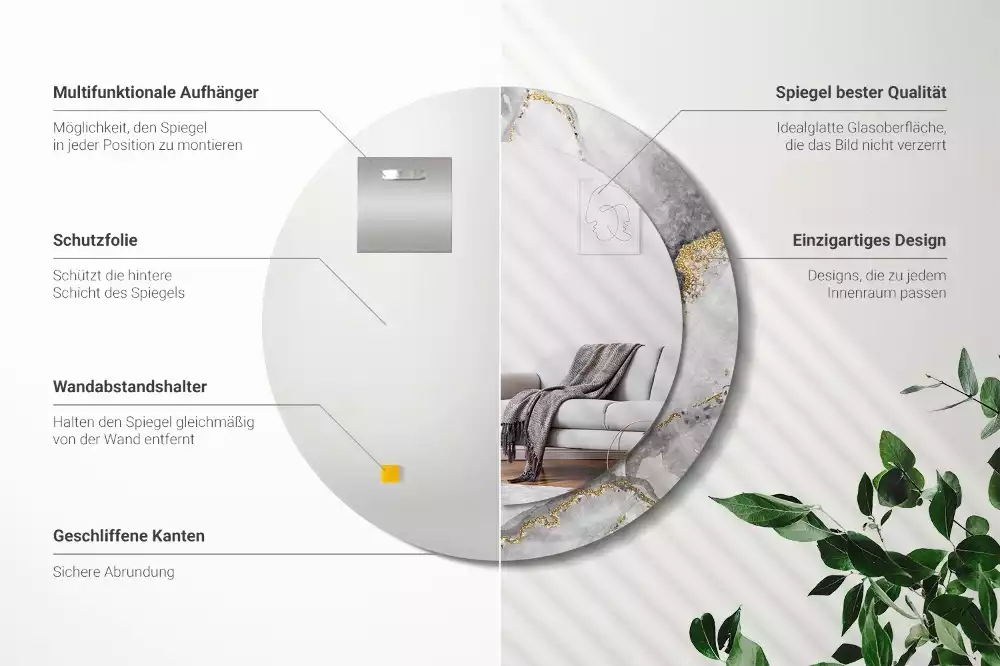 Miroir rond cadre avec impression Motif marbré