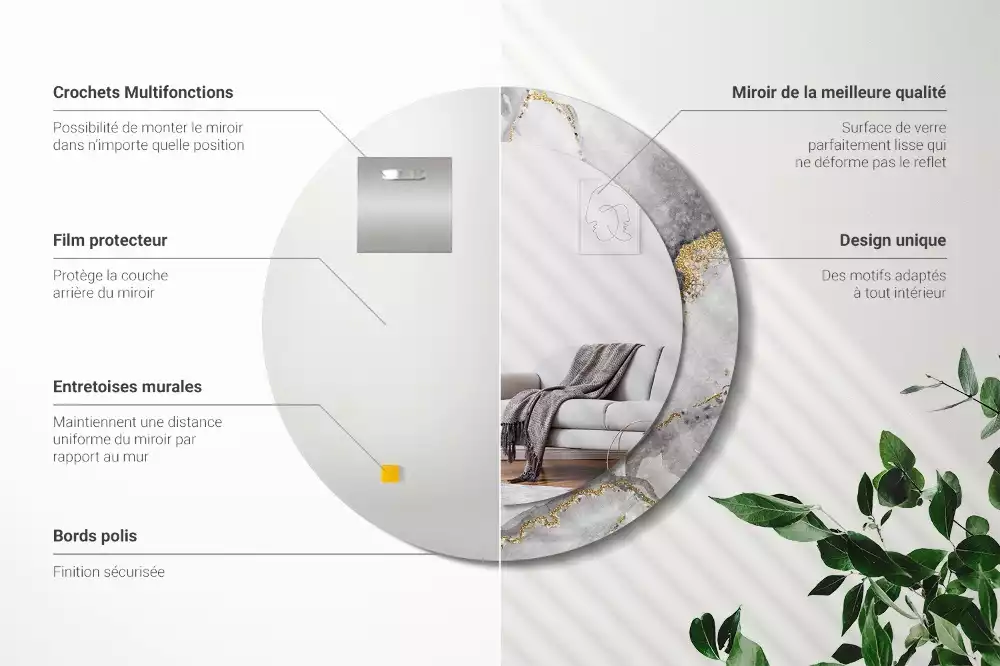 Miroir rond cadre avec impression Motif marbré