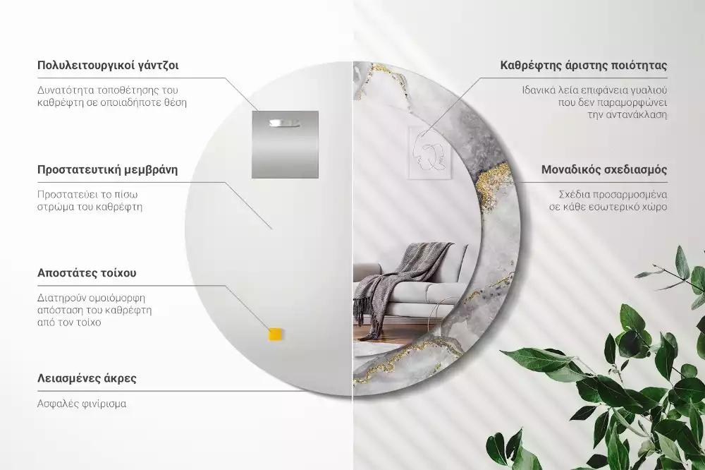 Miroir rond cadre avec impression Motif marbré