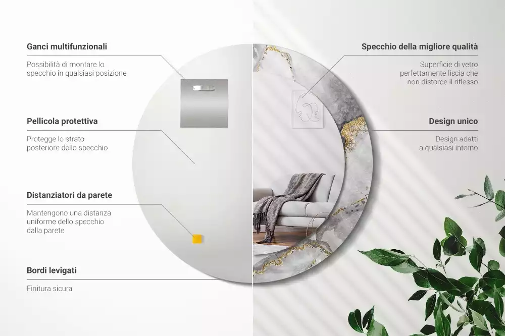 Miroir rond cadre avec impression Motif marbré