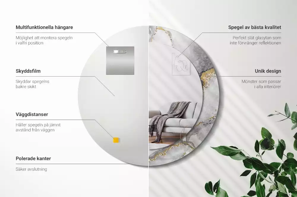 Miroir rond cadre avec impression Motif marbré