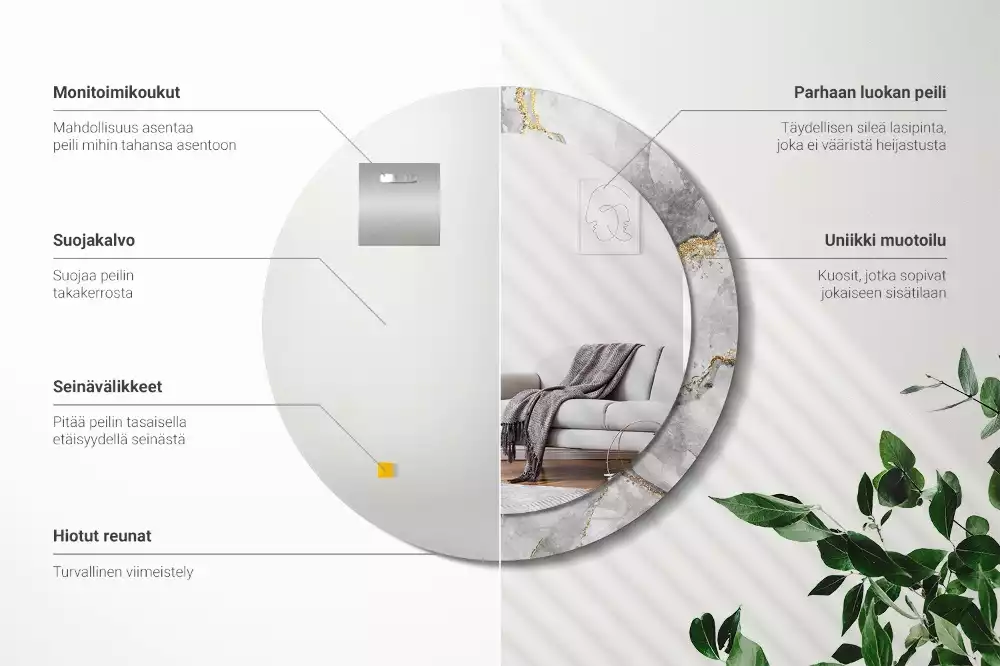 Miroir rond cadre avec impression Motif marbré