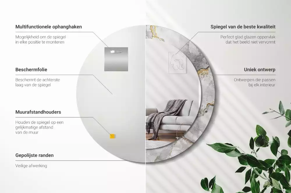 Miroir rond cadre avec impression Motif marbré