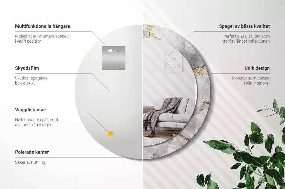 Miroir rond cadre avec impression Motif marbré