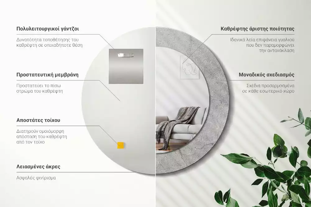 Miroir rond cadre avec impression Ciment gris