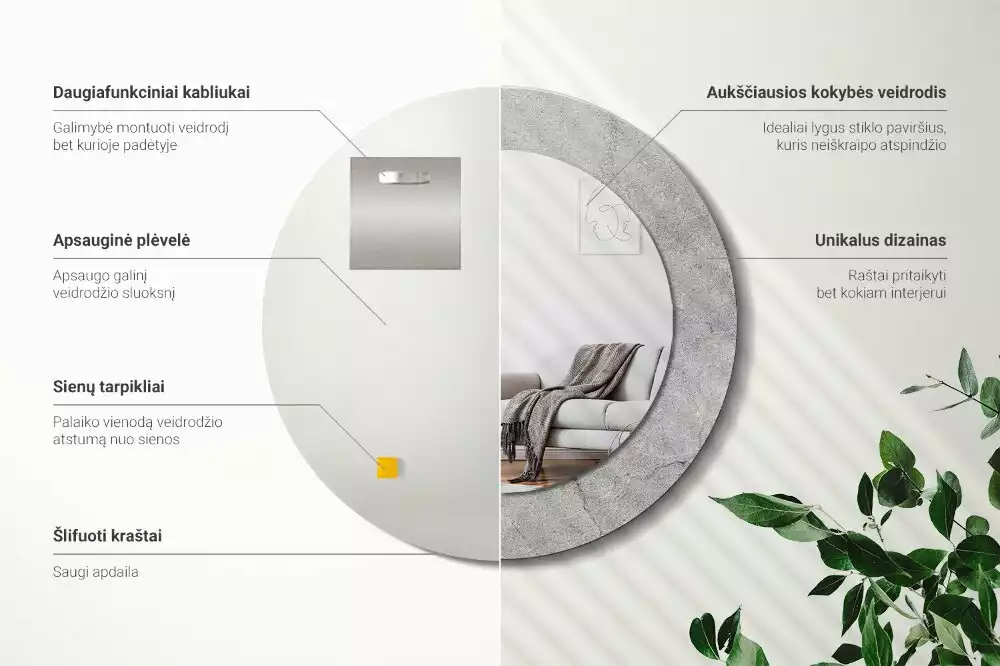 Miroir rond cadre avec impression Ciment gris