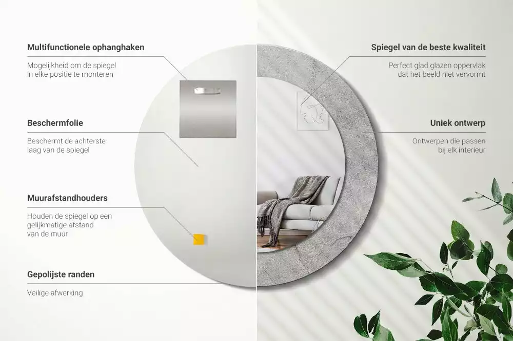 Miroir rond cadre avec impression Ciment gris