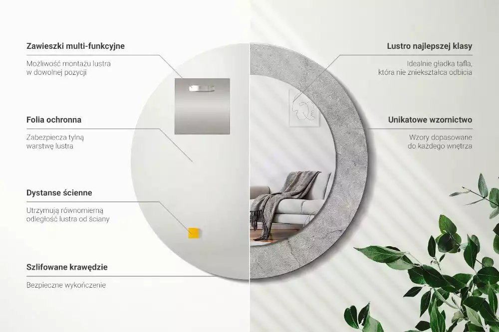 Miroir rond cadre avec impression Ciment gris