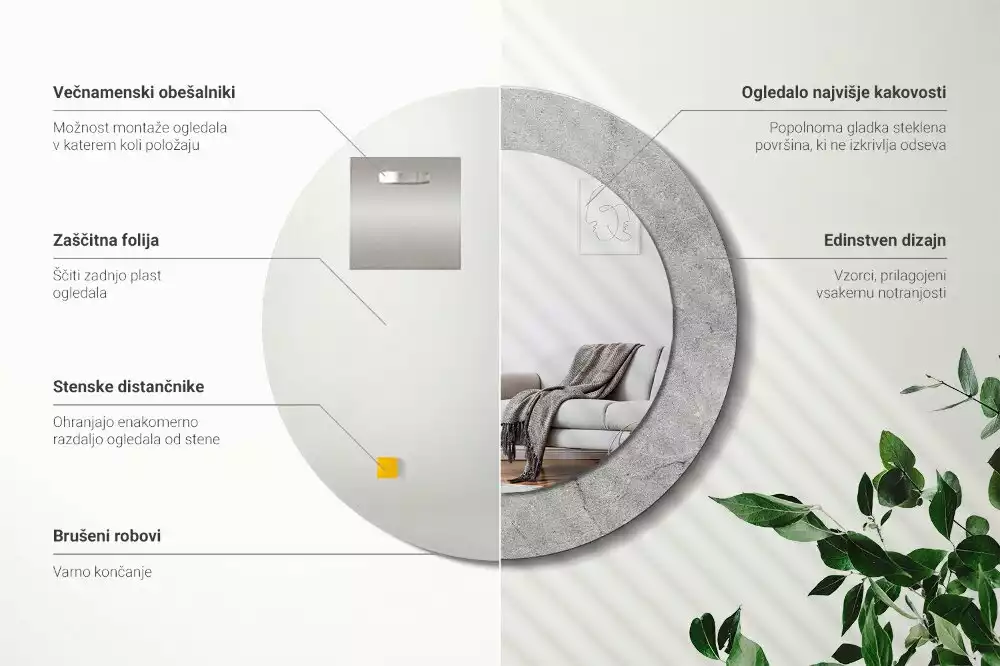 Miroir rond cadre avec impression Ciment gris