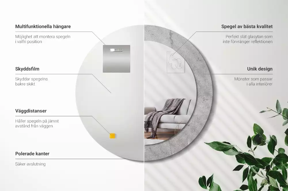 Miroir rond cadre avec impression Ciment gris