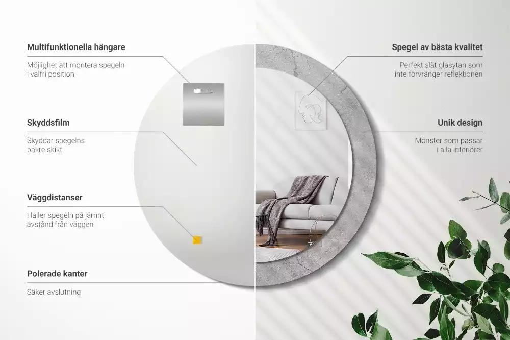 Miroir rond cadre avec impression Ciment gris
