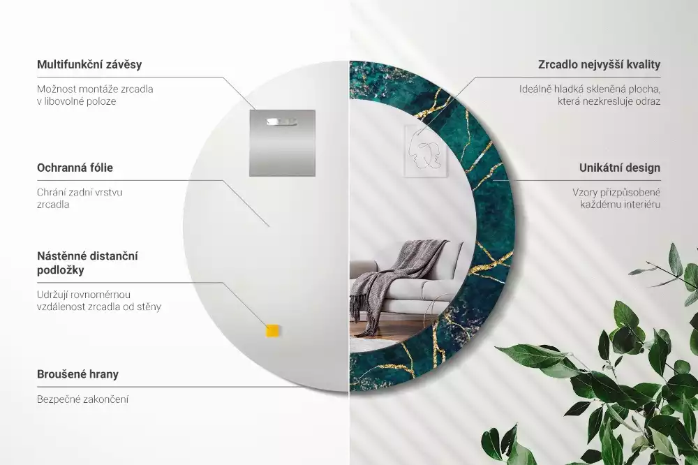 Miroir rond imprimé Marbre vert