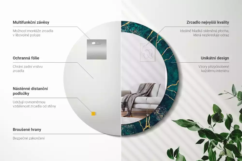 Miroir rond imprimé Marbre vert