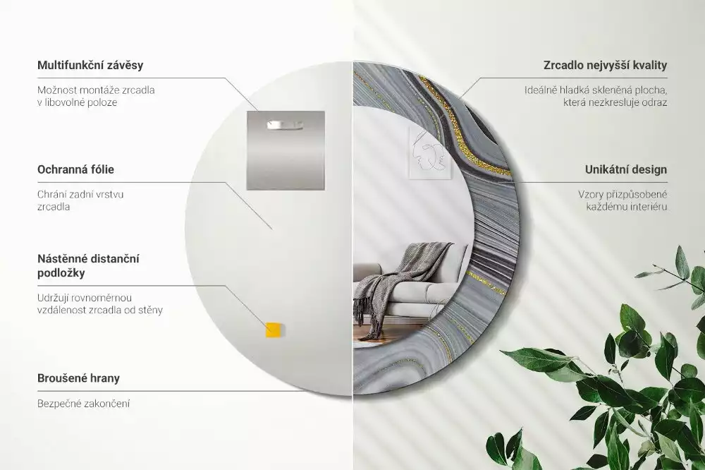 Miroir rond avec décoration Marbre gris