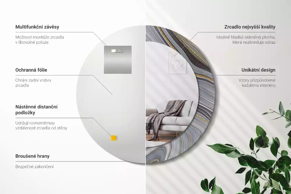 Miroir rond avec décoration Marbre gris