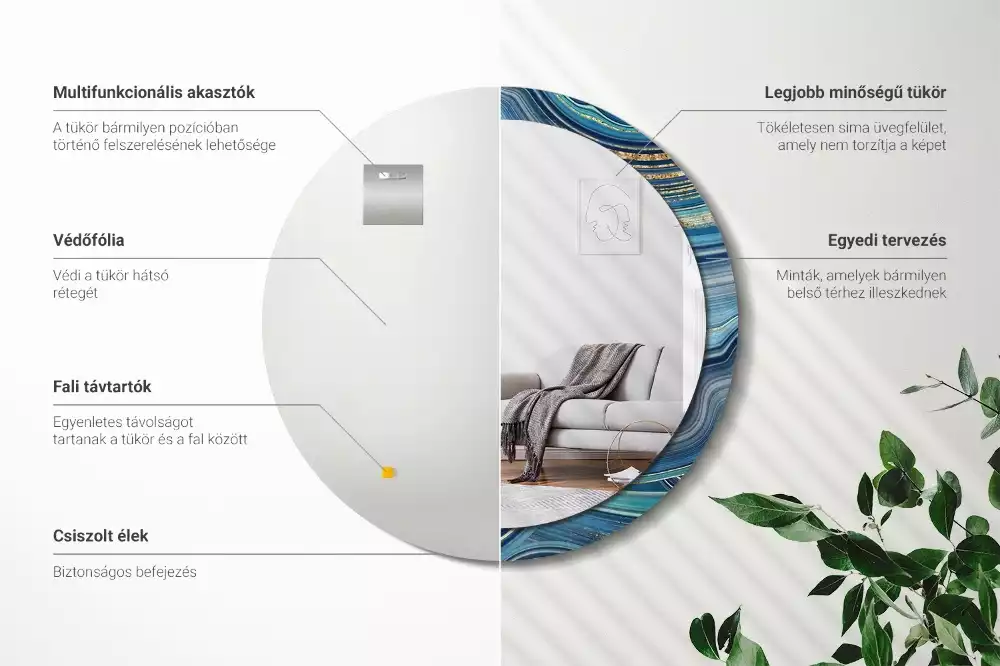 Miroir rond cadre avec impression Marbre bleu