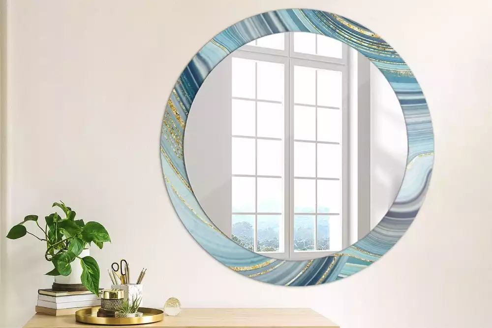Miroir rond cadre avec impression Marbre bleu